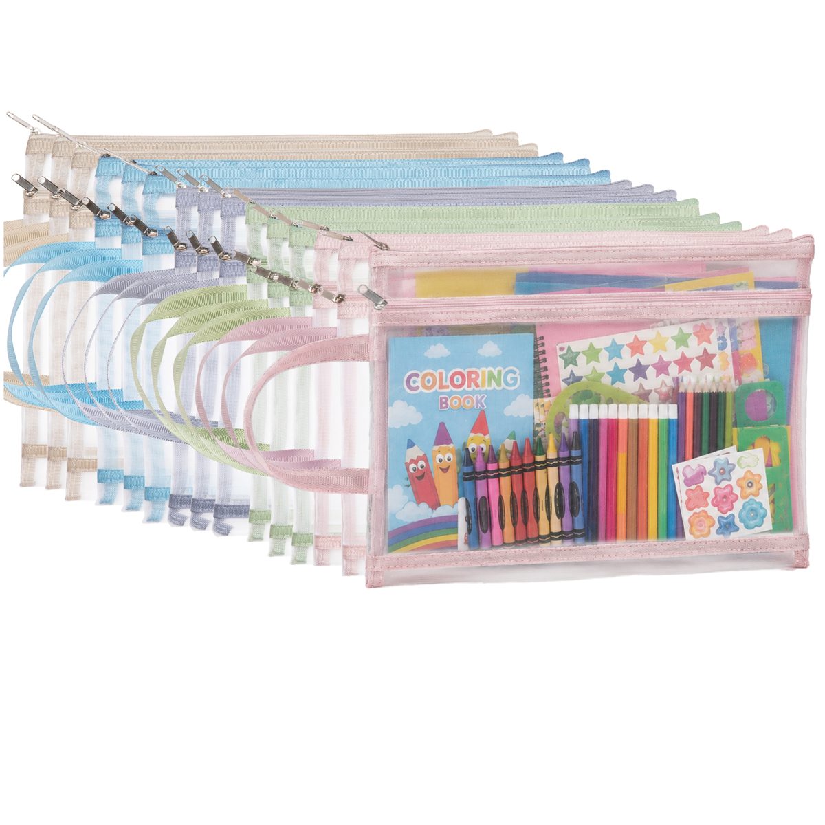 Mesh pouches holding crayons, coloring book and stickers